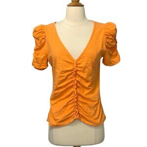 Nation LTD Giada Top Ruffled V-Neck Slub Poplin Puff Sleeve Cotton Orange Size M